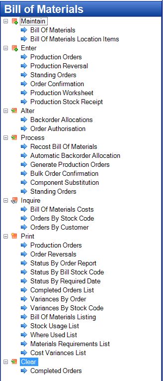 Tencia Bill of Materials Menu